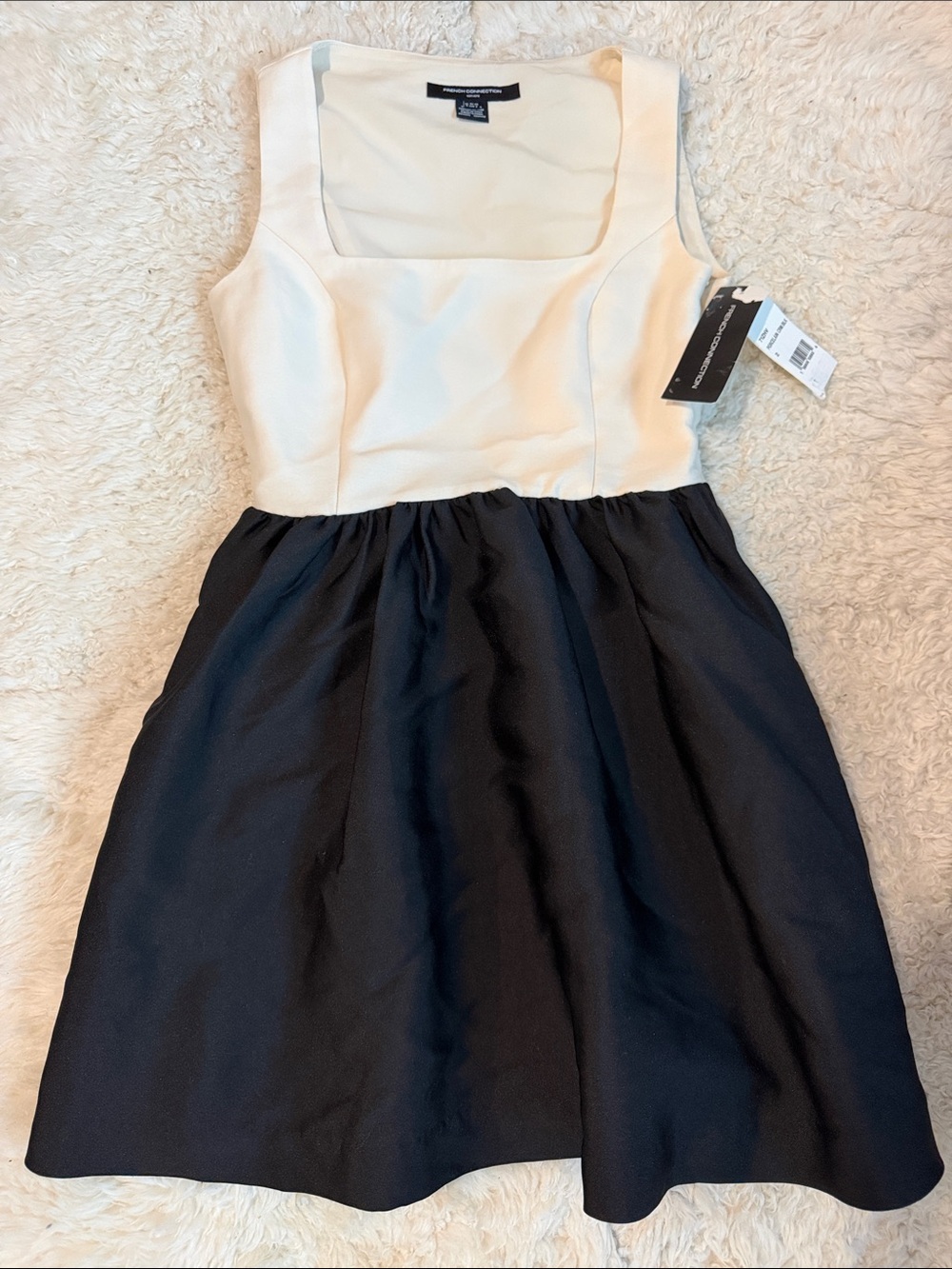 NWT - French Connection Cream and Black Square Neck Fit-and-Flare Midi Dress XS